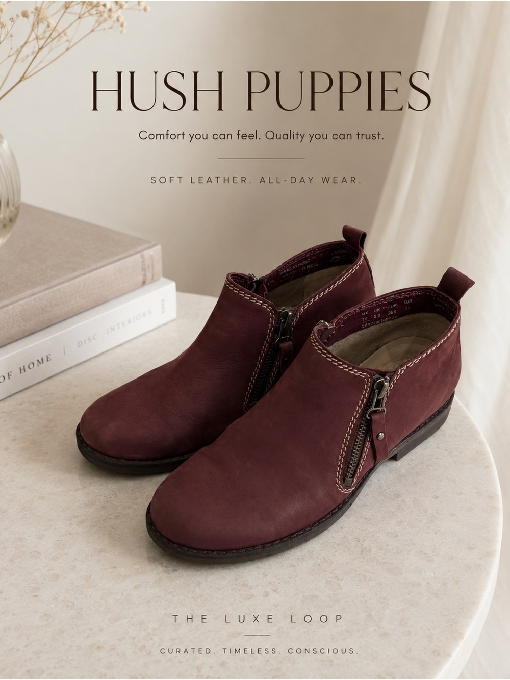 Hush Puppies Deep Burgundy Leather Ankle Booties